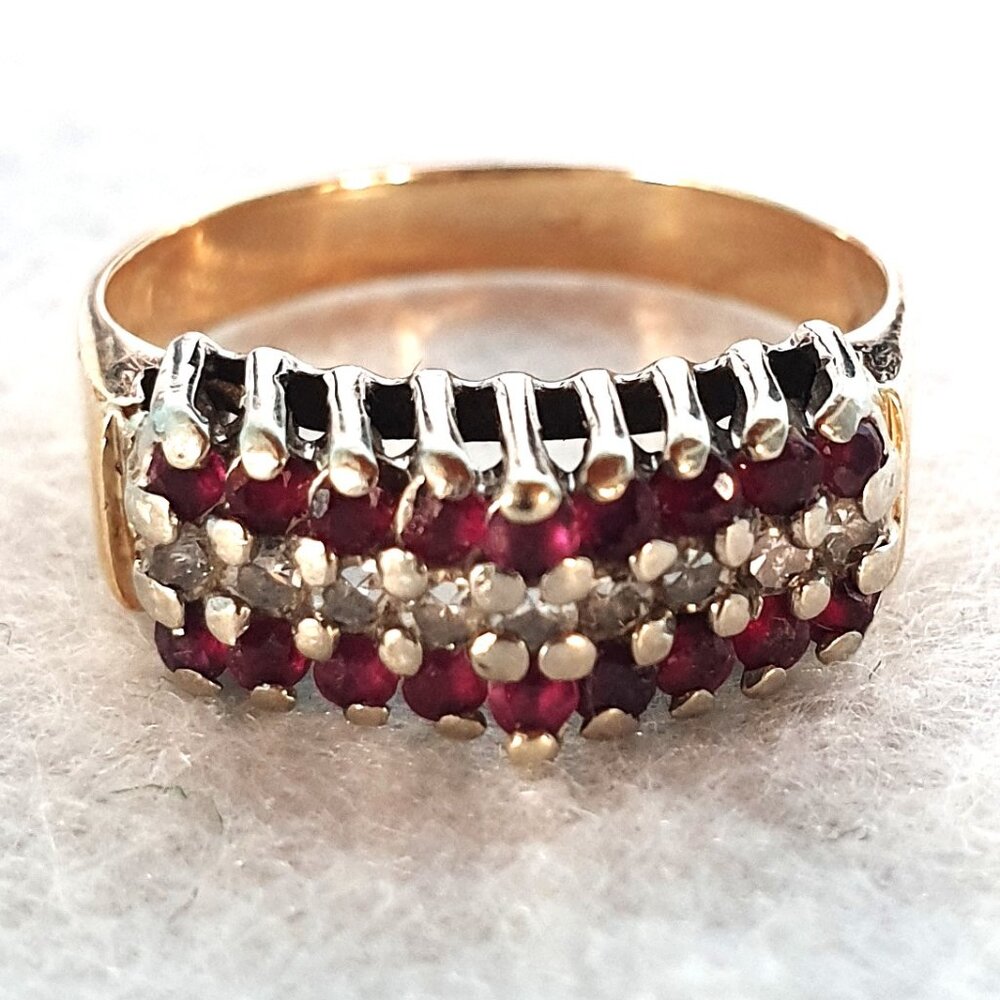 Gorgeous Vintage 14K Solid Gold Natural Ruby & Diamond Triple Row Cathedral Ring